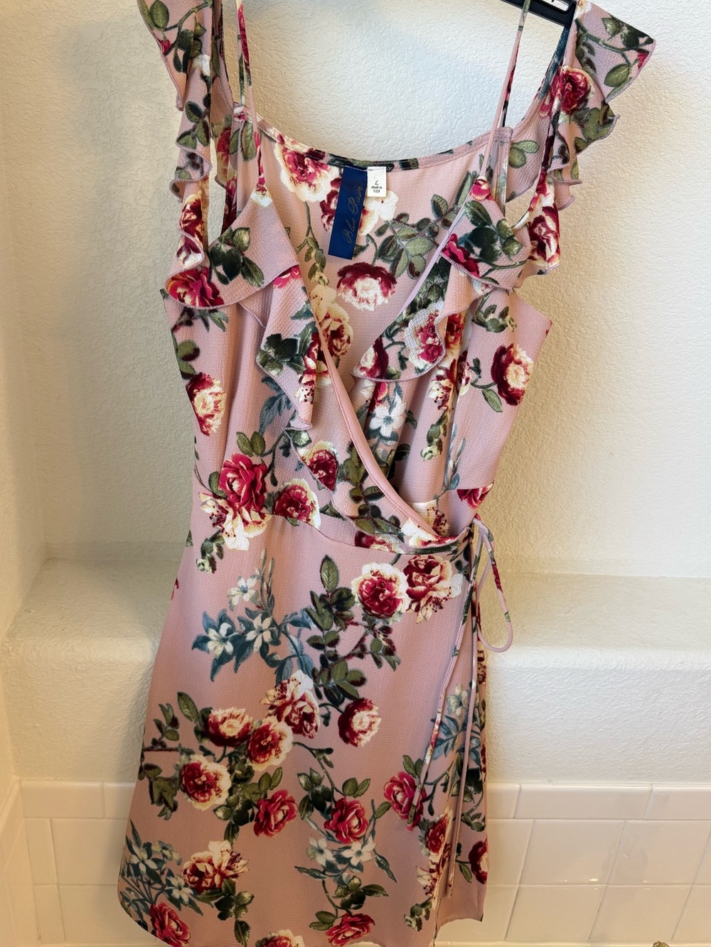Blue Rain Floral Pink Wrap Dress with Ruffle Trim